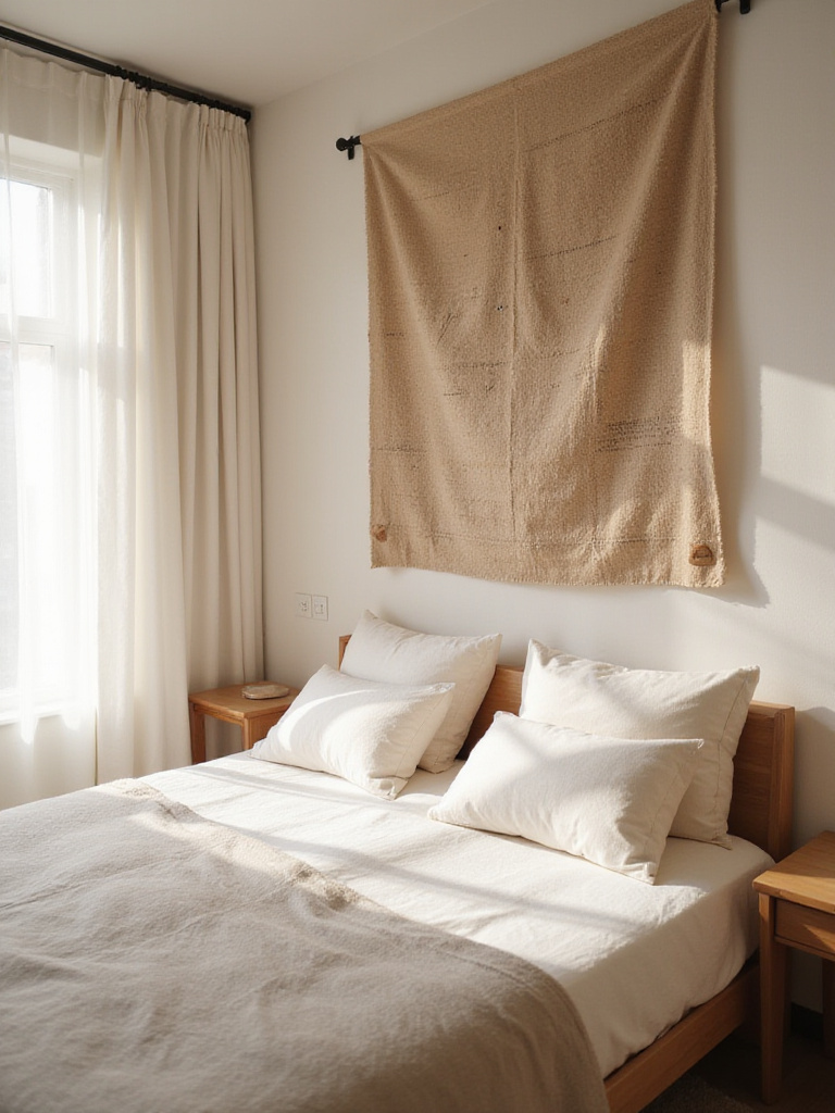 Apartment bedroom with a tapestry headboard alternative, showcasing a creative and space-saving decor idea.