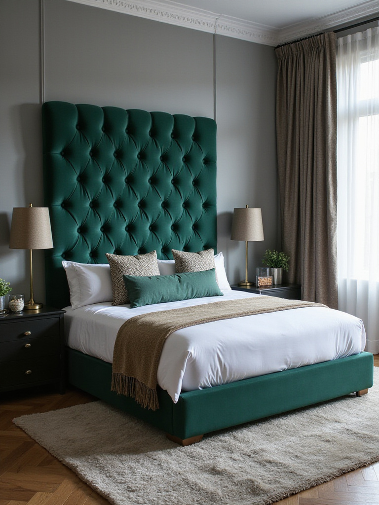 Bedroom featuring a tall, emerald green tufted velvet headboard