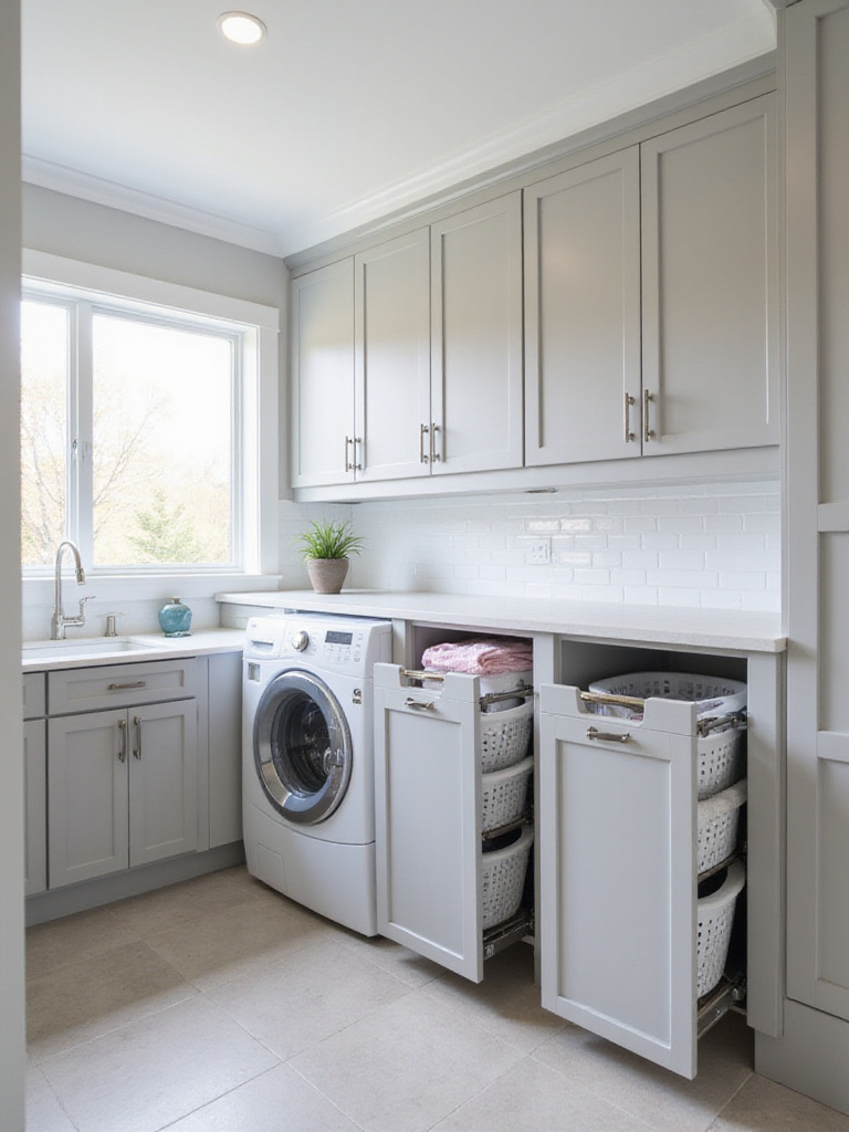 Modern laundry room with built-in pull-out hampers hidden in cabinets.