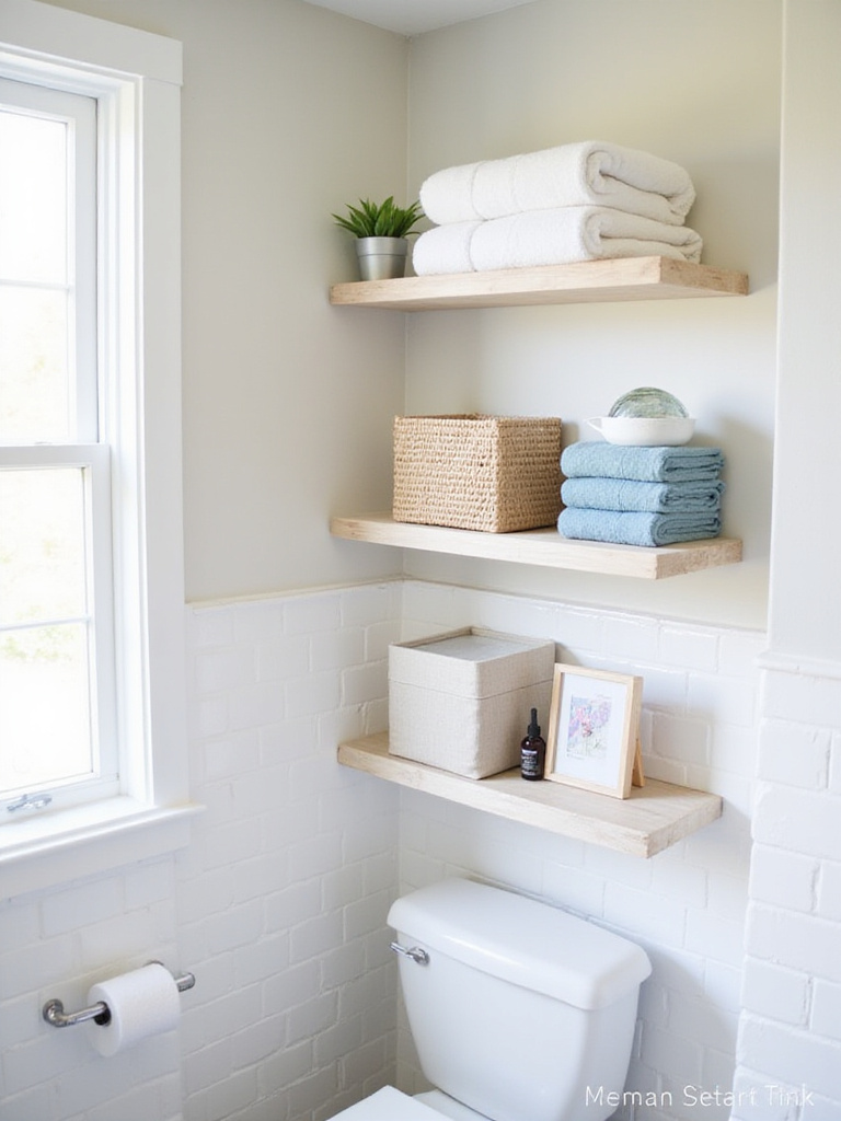 Bathroom shelves decorated with decorative storage boxes to conceal clutter.
