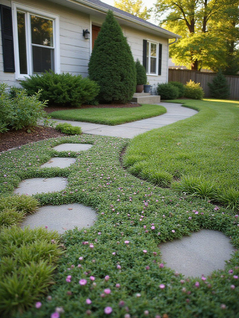 Front yard landscaping featuring a variety of low-maintenance ground cover plants instead of grass.