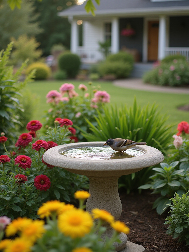 Stone bird bath in a front yard garden, attracting birds and enhancing curb appeal.
