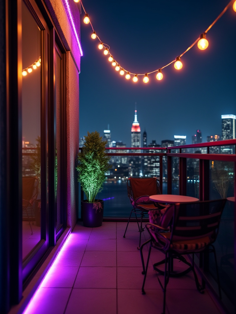 Small urban balcony at night lit by colorful smart string lights, purple LED strips, and green accent lighting, creating a vibrant and cozy atmosphere.