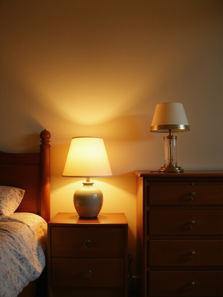 Vintage bedroom with mid-century modern and Art Deco table lamps.