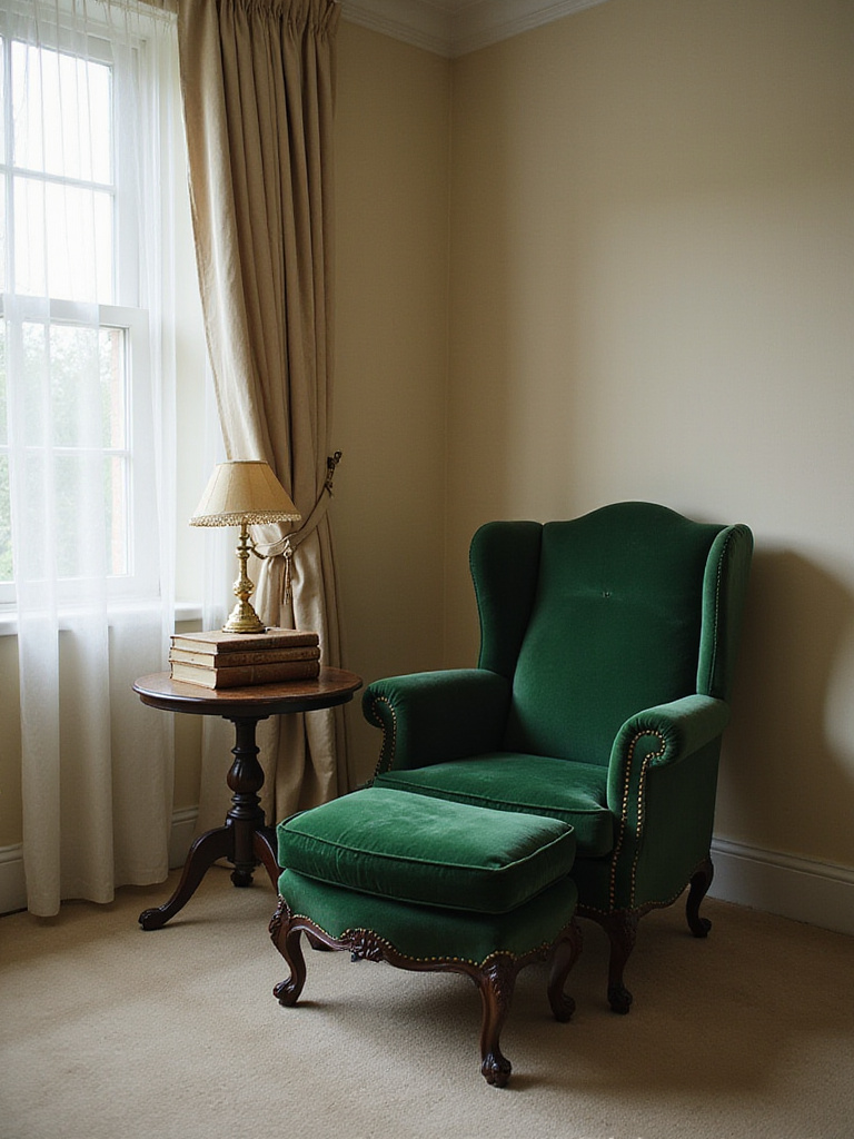 Vintage bedroom with emerald green velvet armchair and ottoman creating a luxurious reading nook.
