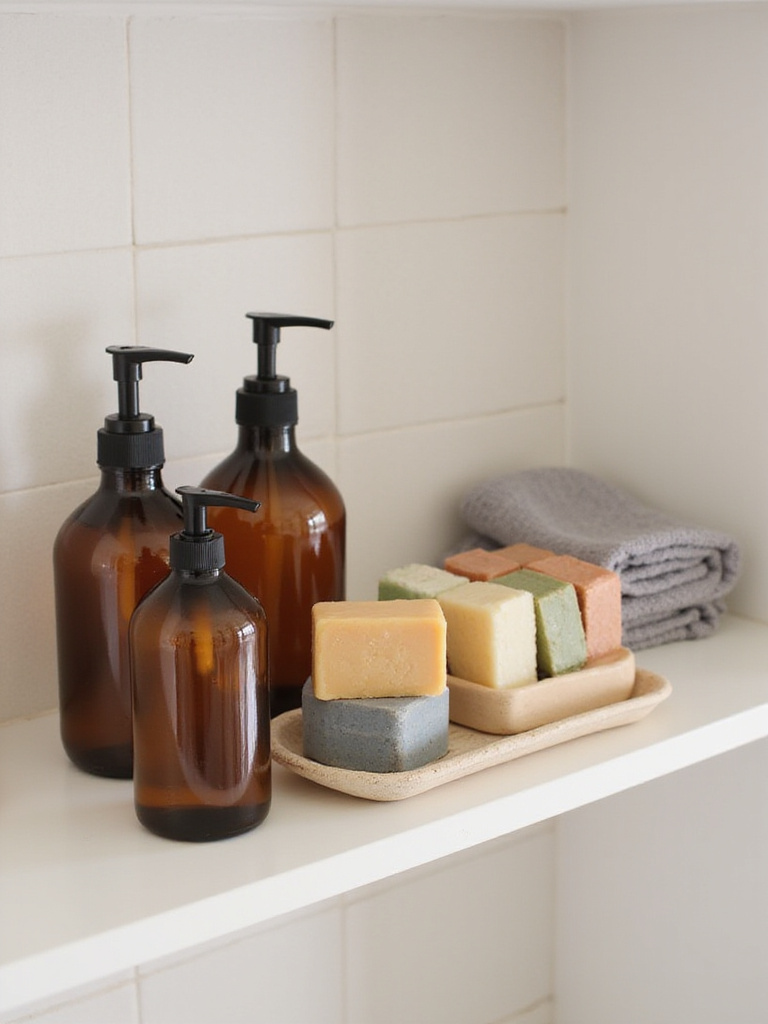 Bathroom shelf with amber glass soap bottles and colorful bar soaps