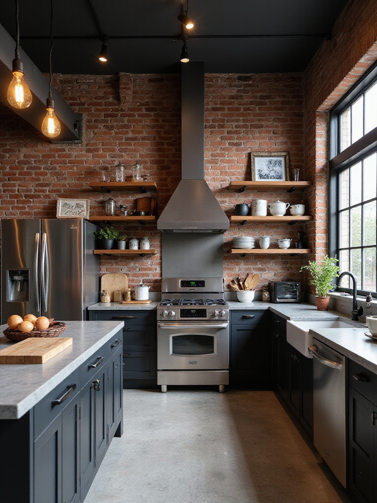 Industrial chic kitchen design with exposed brick, concrete countertops, and copper accents.
