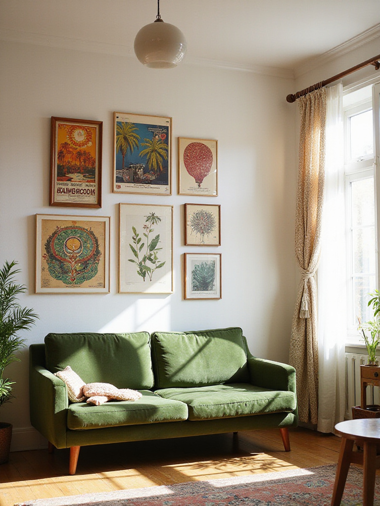 Boho living room with gallery wall featuring retro travel posters and psychedelic art prints.
