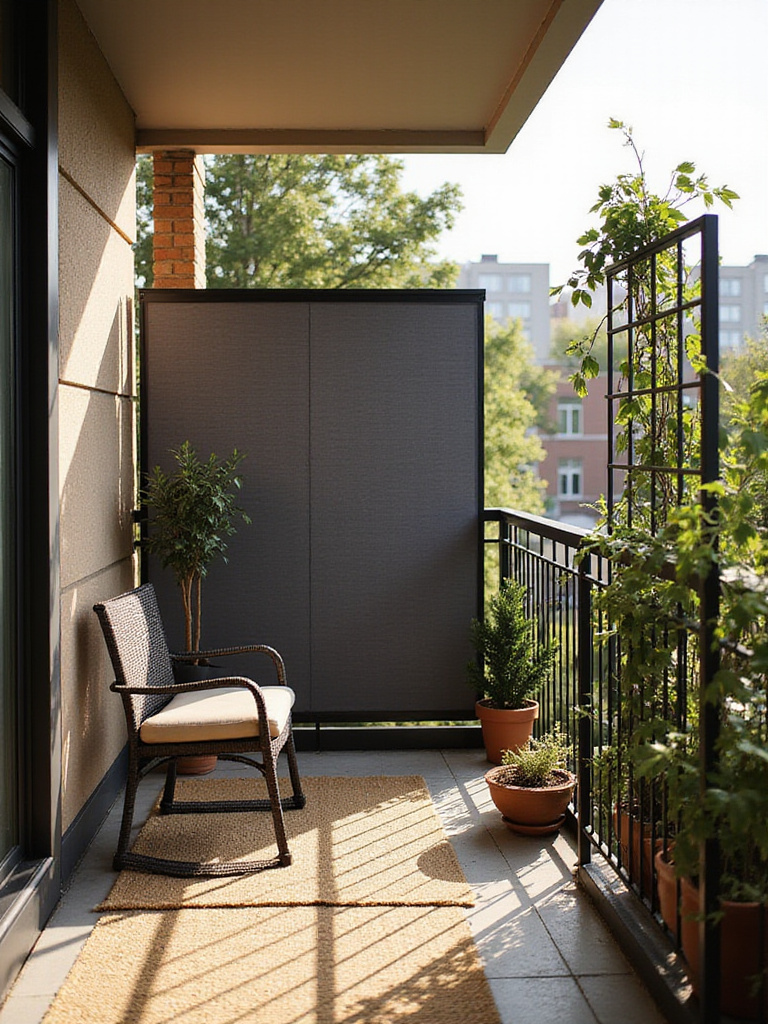 Small urban balcony featuring different types of privacy screens installed on the railing, including bamboo, fabric, and a trellis with a climbing plant, creating a private and cozy outdoor retreat.
