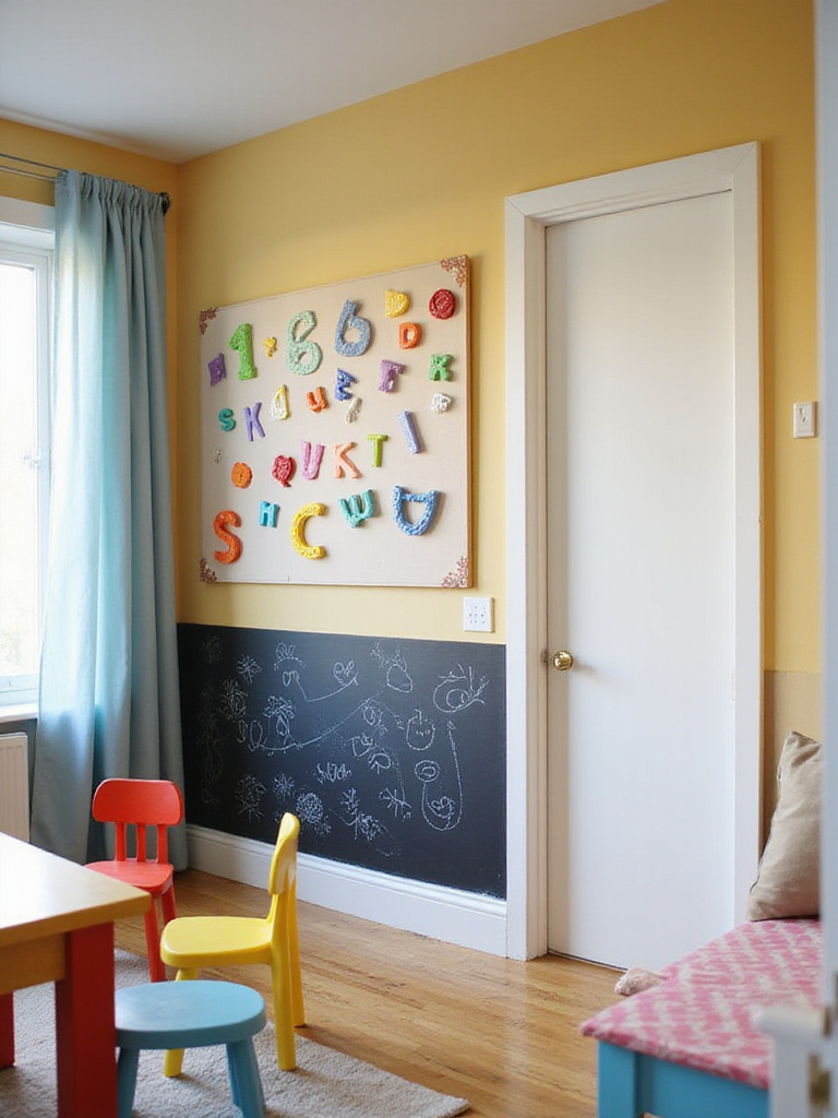 A colorful kids' bedroom featuring a large interactive wall with a black chalkboard section covered in drawings and an upper magnetic board displaying magnetic letters and shapes, creating a fun play and learning space.