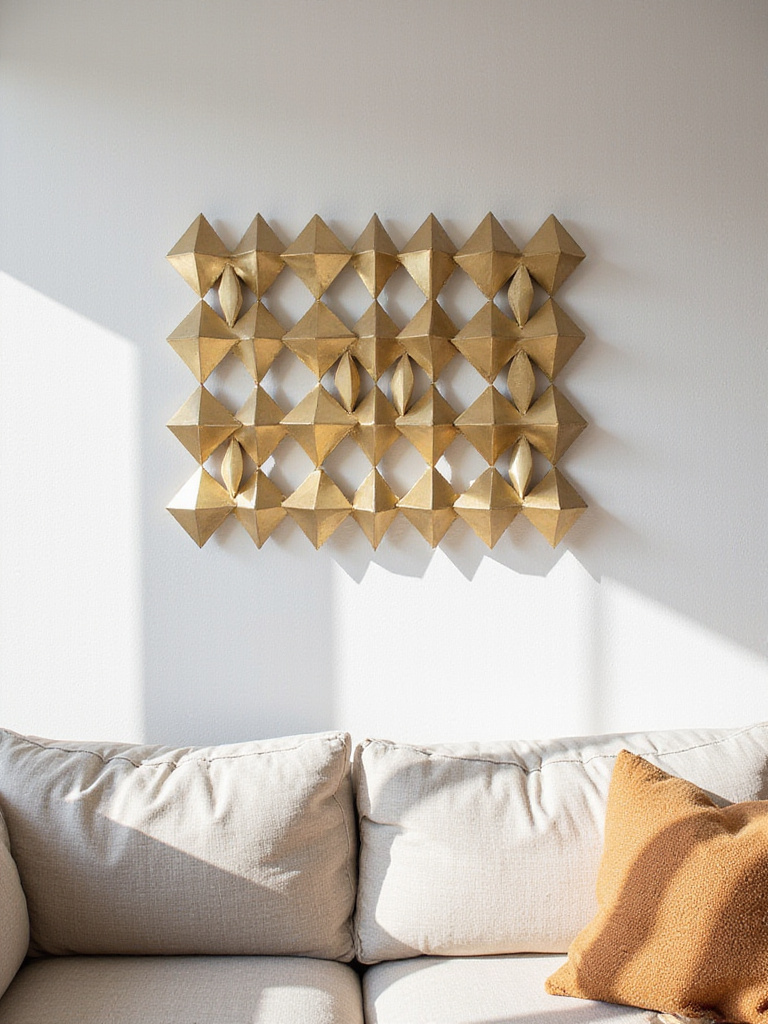 Geometric gold metal wall art above a sofa in a boho living room.
