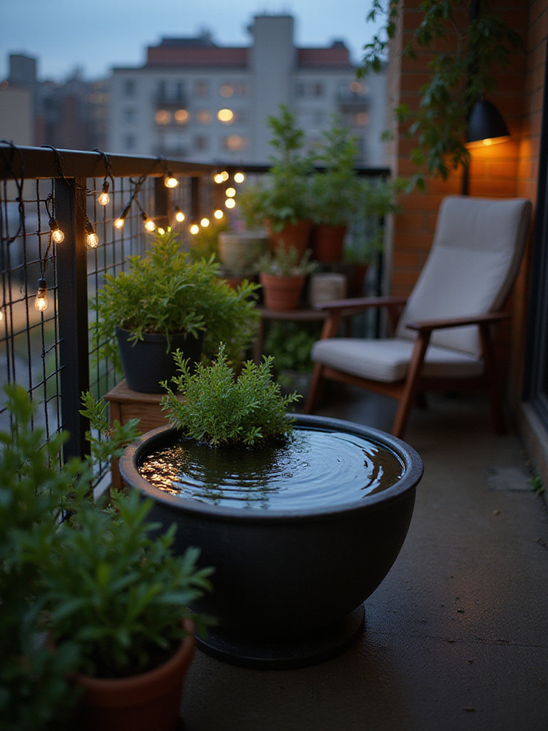 Small urban balcony with a calming tabletop water feature, lush plants, and string lights creating a serene evening atmosphere.