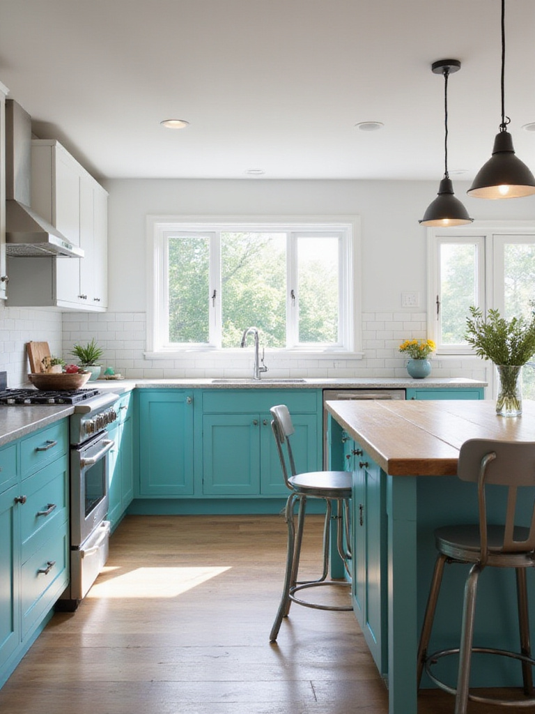 Modern kitchen with turquoise cabinets and white countertops.
