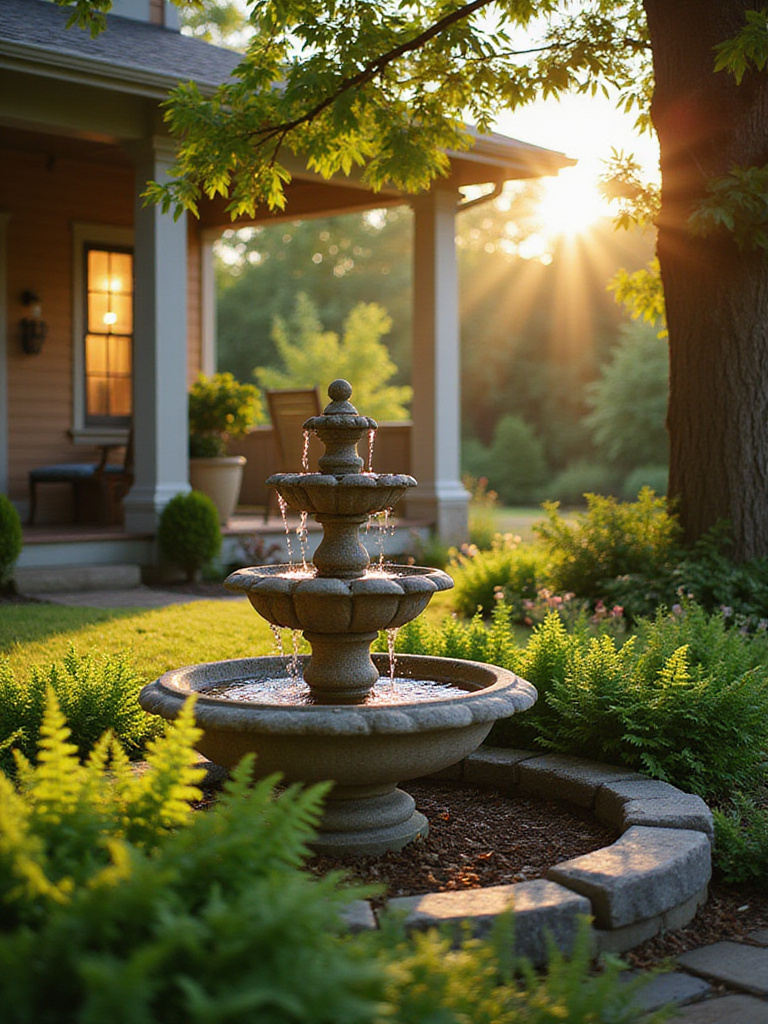 Tranquil front yard with a tiered stone fountain surrounded by lush greenery.
