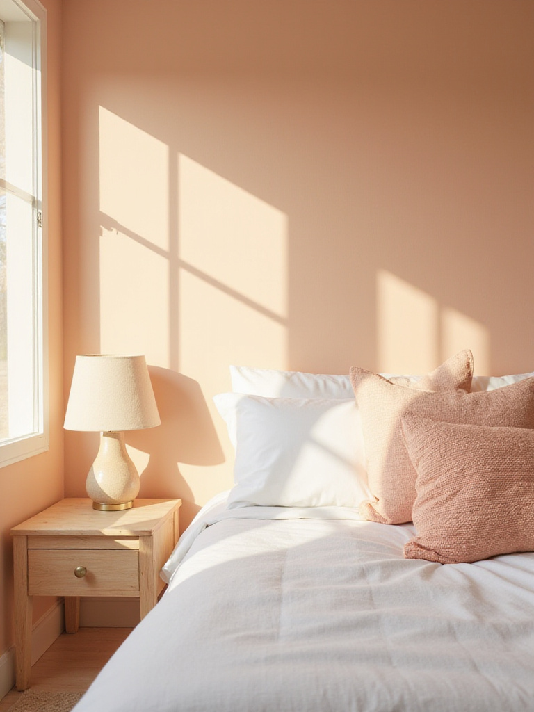 Serene bedroom with peach walls, white linens, and natural light creating a welcoming atmosphere.