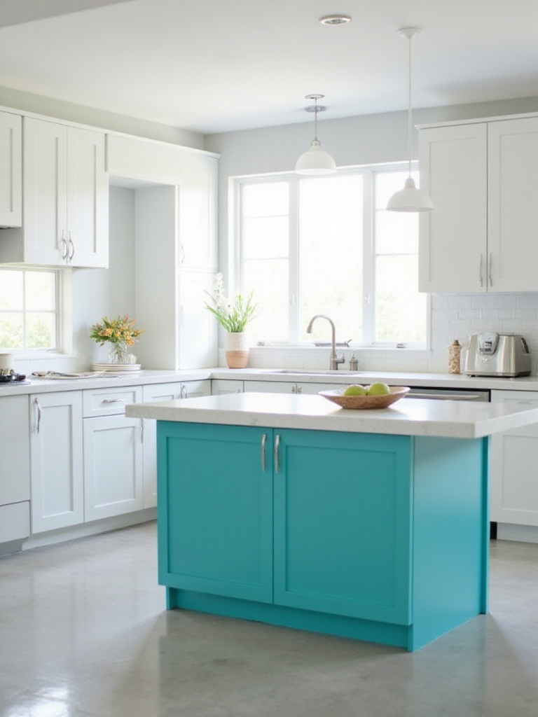Kitchen island painted teal, contrasting with white cabinets.