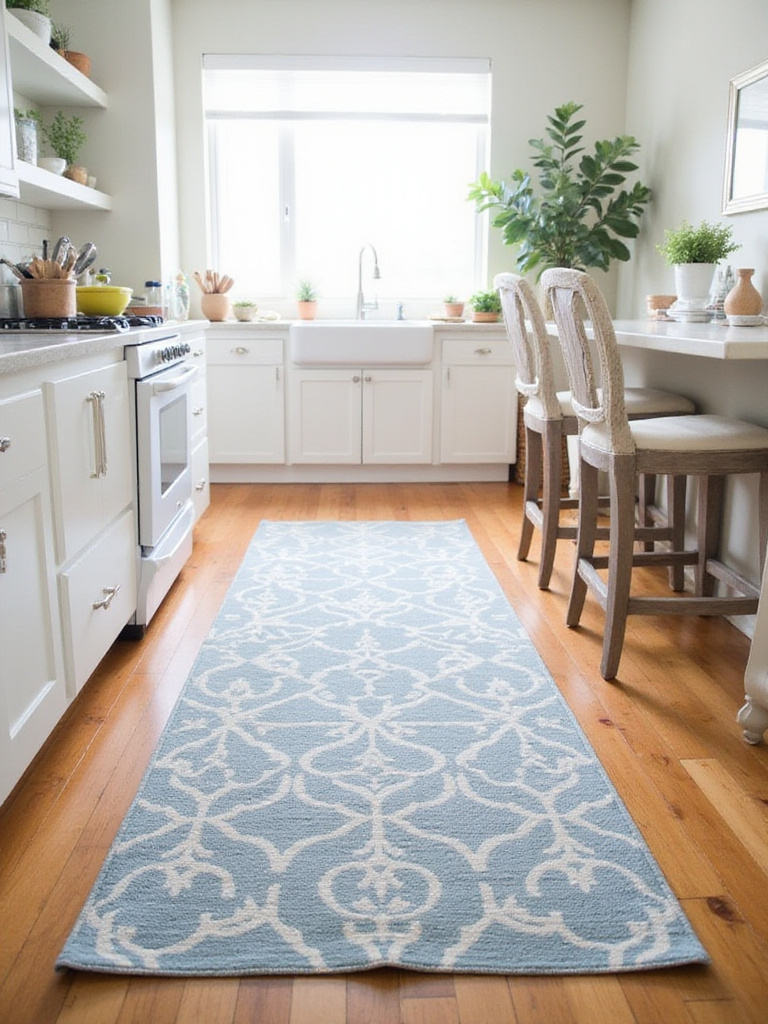 Kitchen with patterned runner rug in front of island