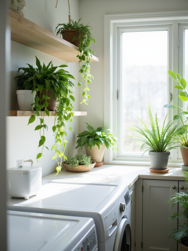 Laundry room with various green plants, creating a fresh and inviting atmosphere.