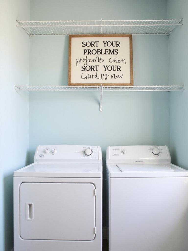 Laundry room with a humorous wooden sign that reads 'Sort Your Problems Later, Sort Your Laundry Now'