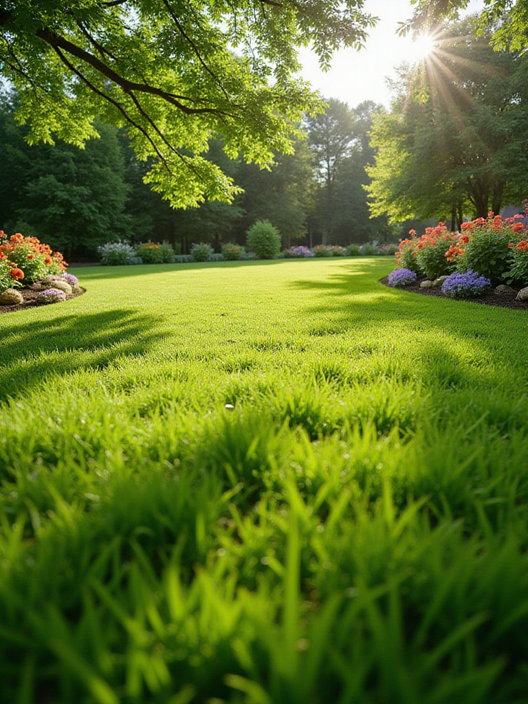 Lush green lawn in a residential backyard