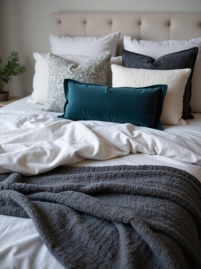Luxurious bedroom bedding featuring layers of linen, velvet, and cotton textures.