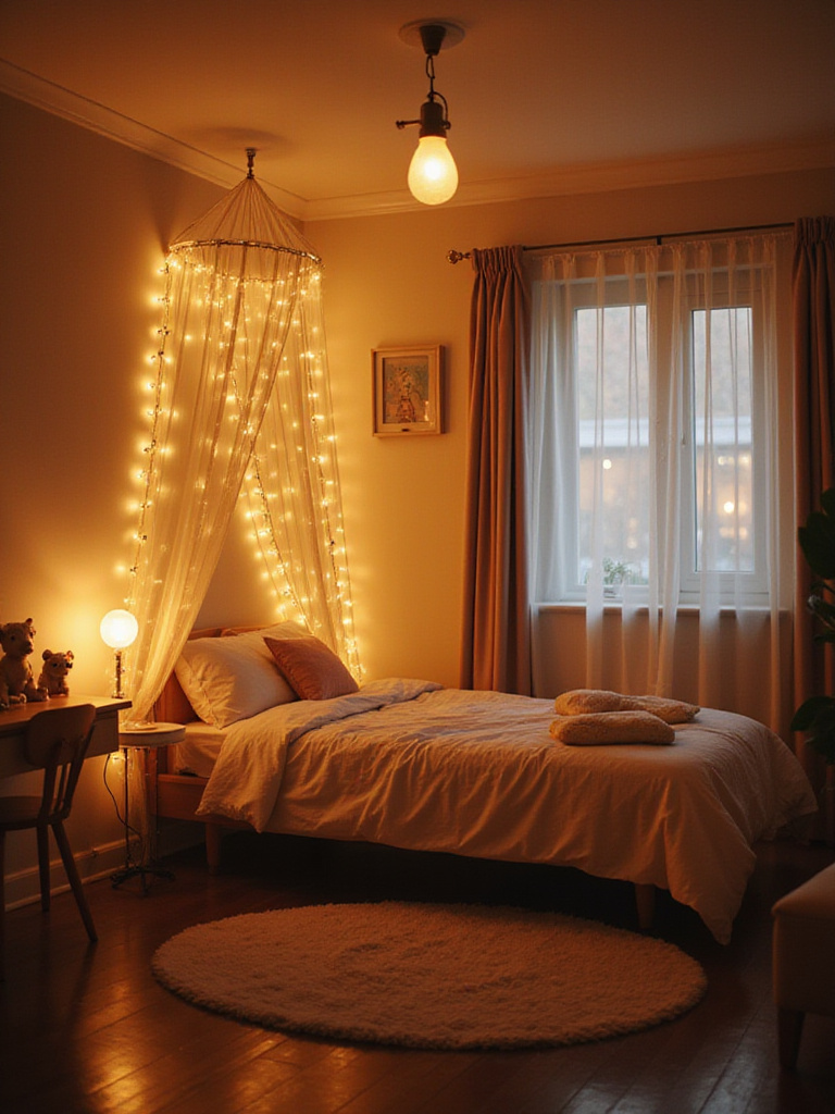 Cozy kids bedroom illuminated by soft fairy lights draped on a canopy bed, a playful animal desk lamp, and warm overhead lighting, creating a magical and functional space.