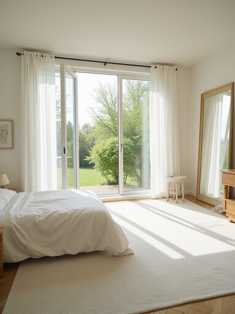 Bright bedroom bathed in natural light with sheer curtains and large windows