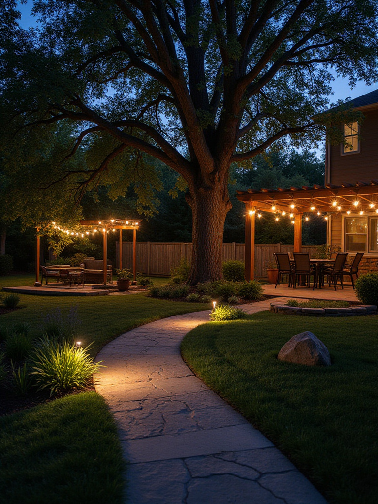 Backyard landscape illuminated with path lights, tree spotlights, string lights, and underwater lighting at dusk.