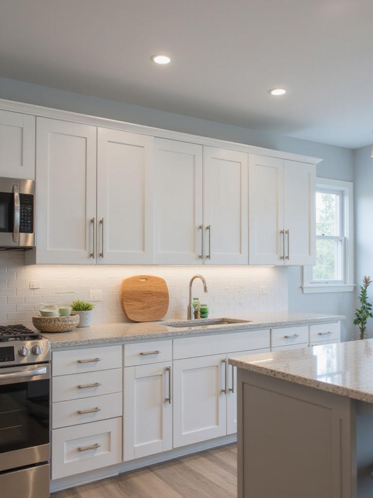 Modern kitchen with under-cabinet LED lighting illuminating the countertop workspace.