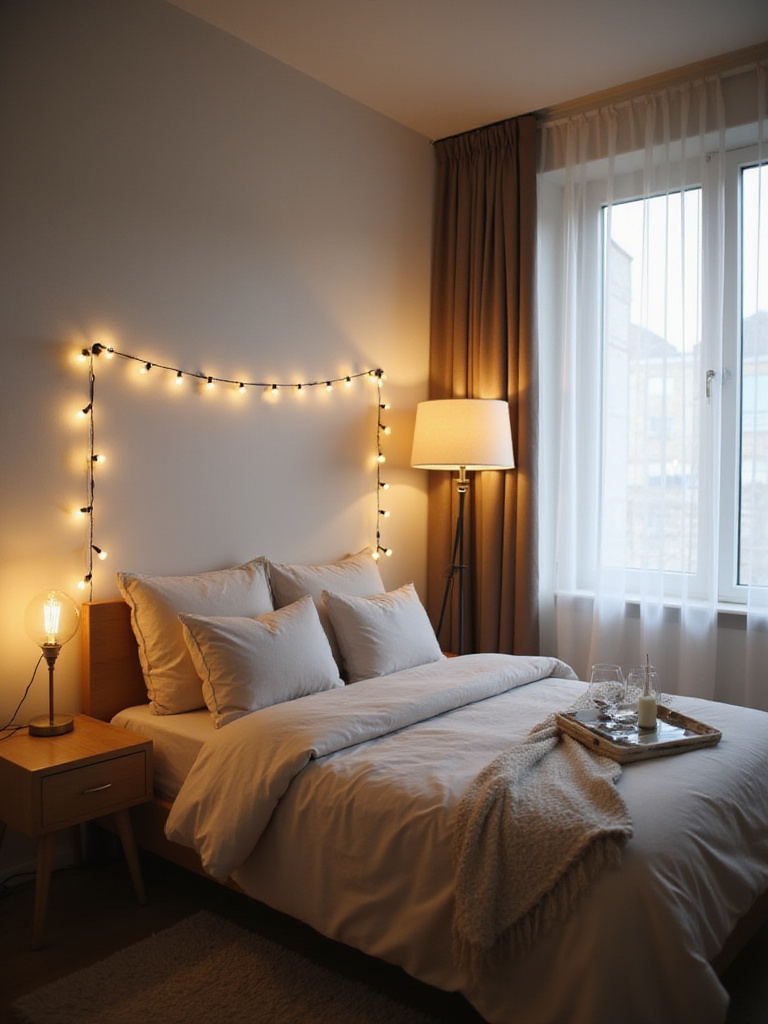 Small apartment bedroom with layered lighting: bedside lamp, string lights, floor lamp, and sheer curtains.