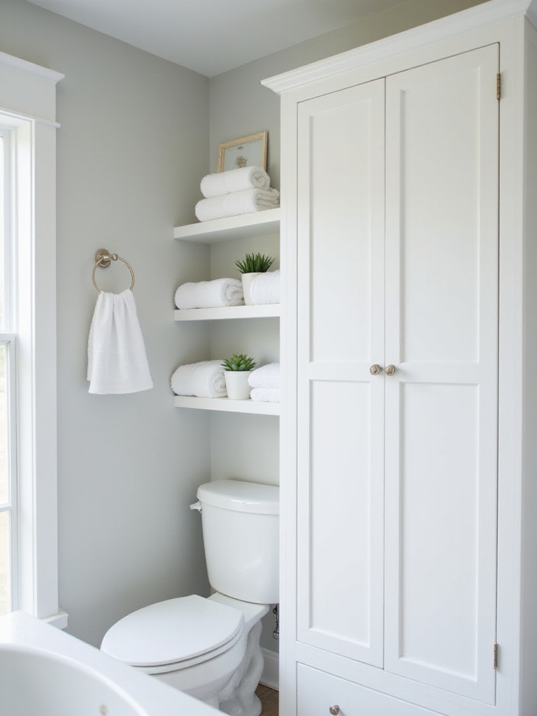 Modern bathroom with floating shelves and linen cabinet for vertical storage.
