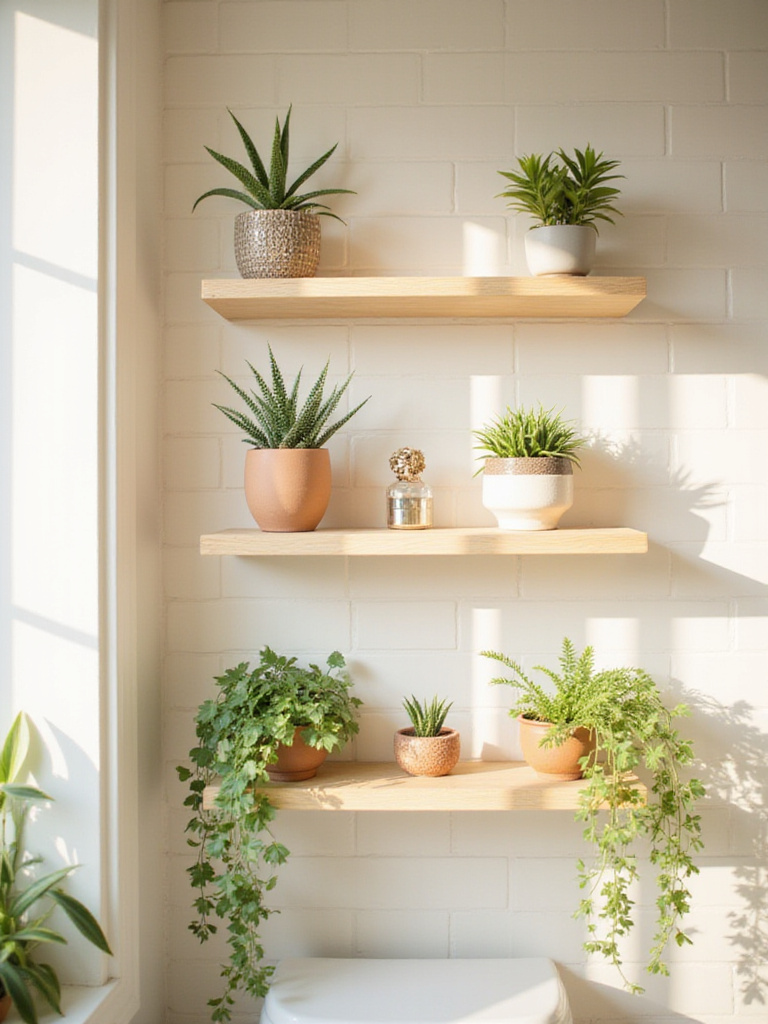 Bathroom shelves decorated with lush green mini plants