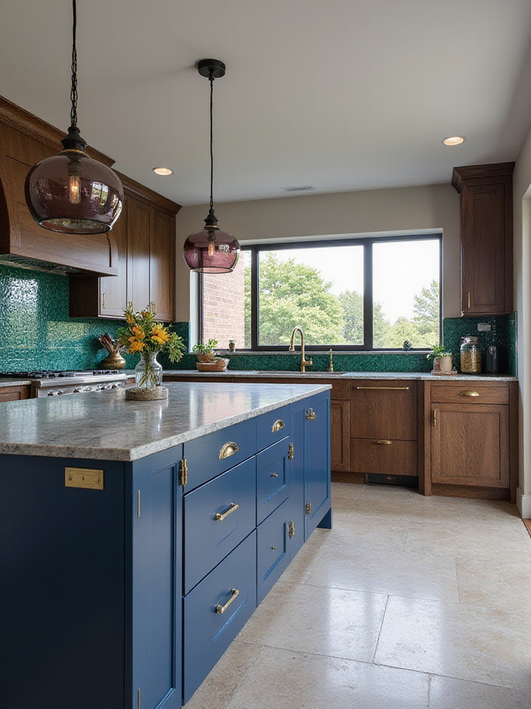 Modern kitchen design with sapphire blue island, emerald green backsplash, and amethyst pendant lights, showcasing luxurious jewel tones.