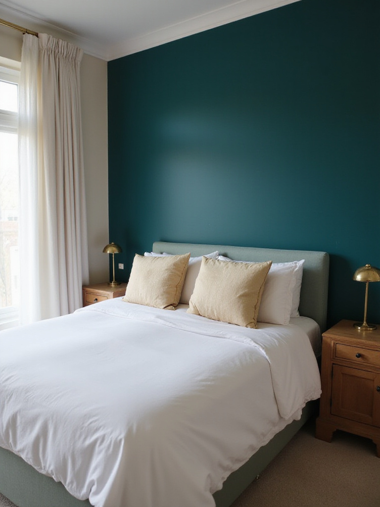 Teal bedroom with white linens and gold accents