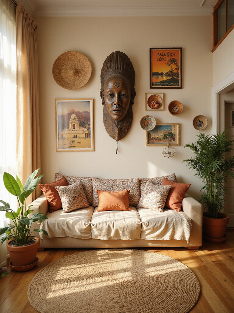 Boho living room wall decor featuring a gallery wall with tribal masks and ethnic art.