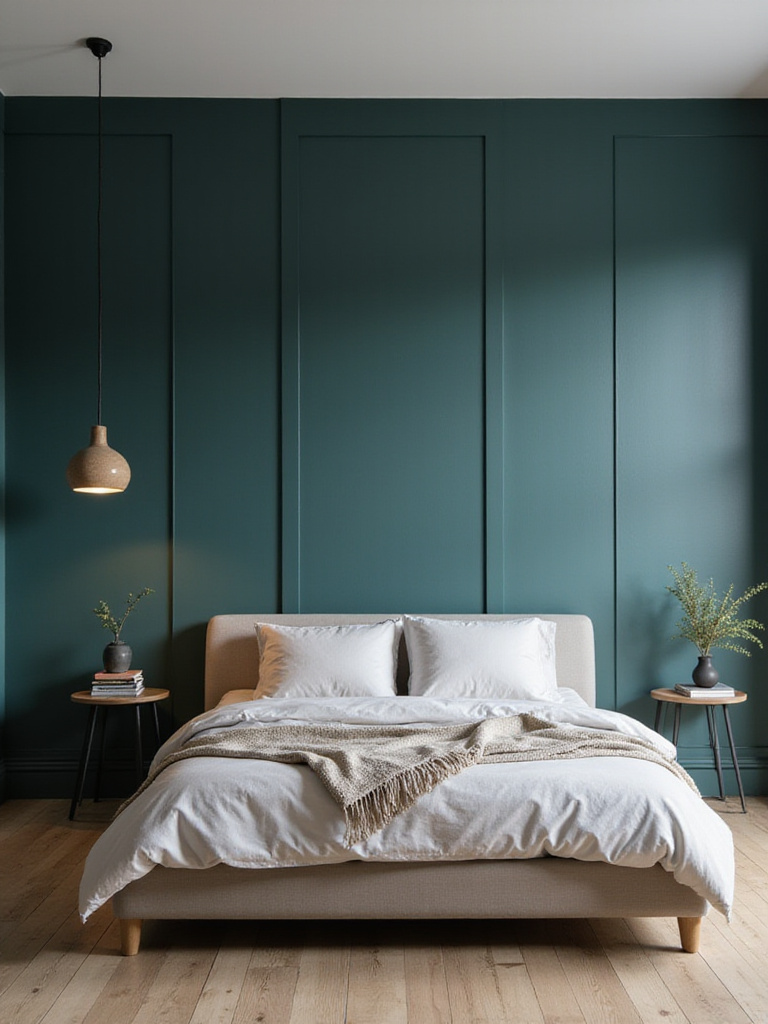 Modern bedroom with a dark teal accent wall behind the bed