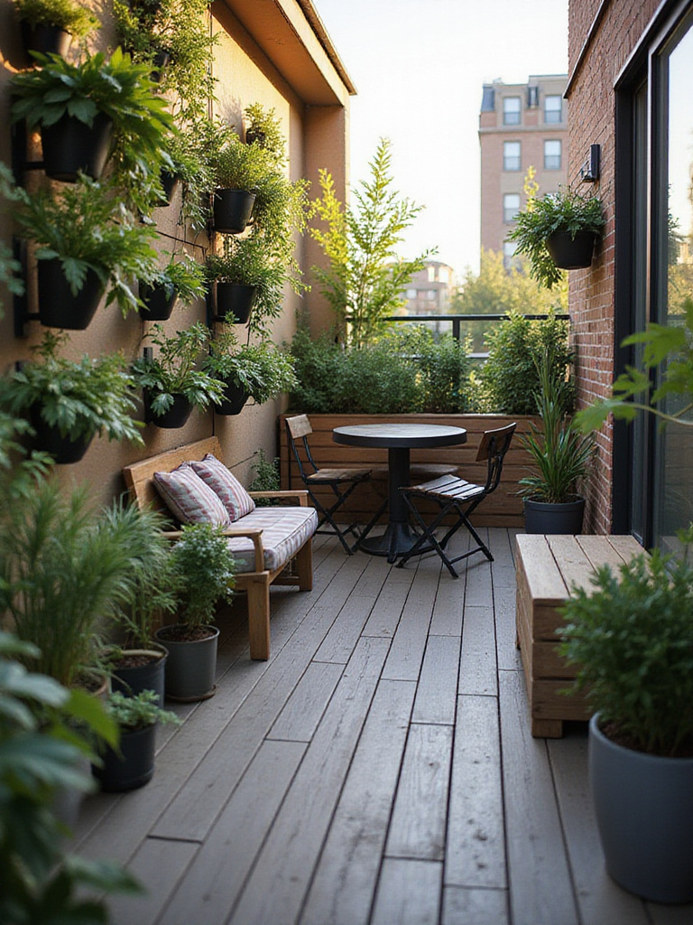 A small urban balcony expertly designed for space maximization, featuring a lush vertical garden on the wall, compact folding furniture, and integrated storage solutions.