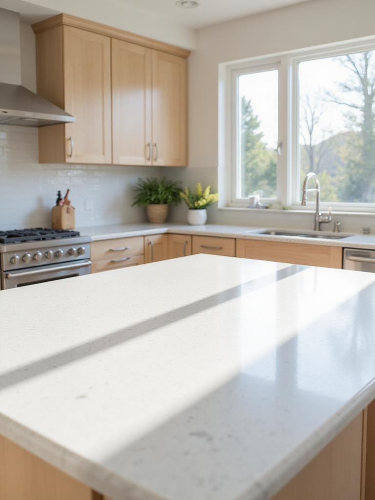 Modern kitchen with white quartz countertops and stainless steel appliances
