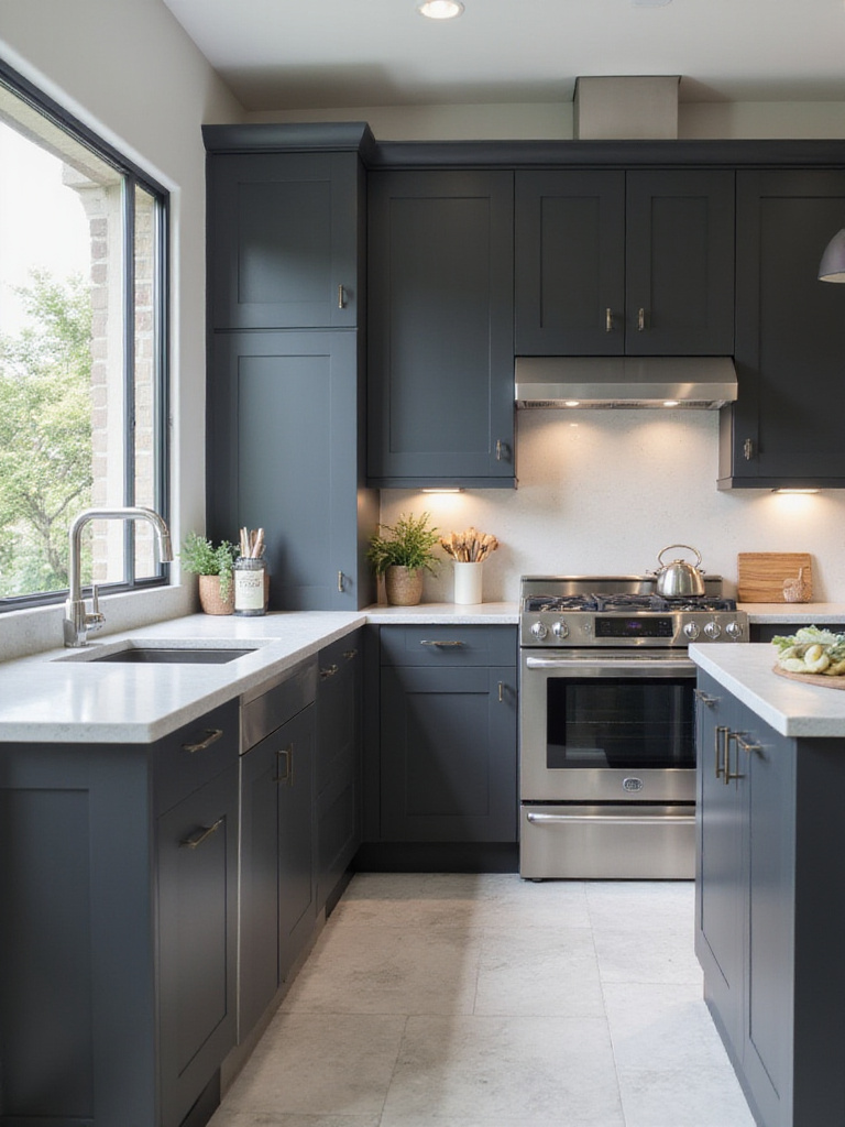Modern kitchen with charcoal gray matte cabinets and light quartz countertops.