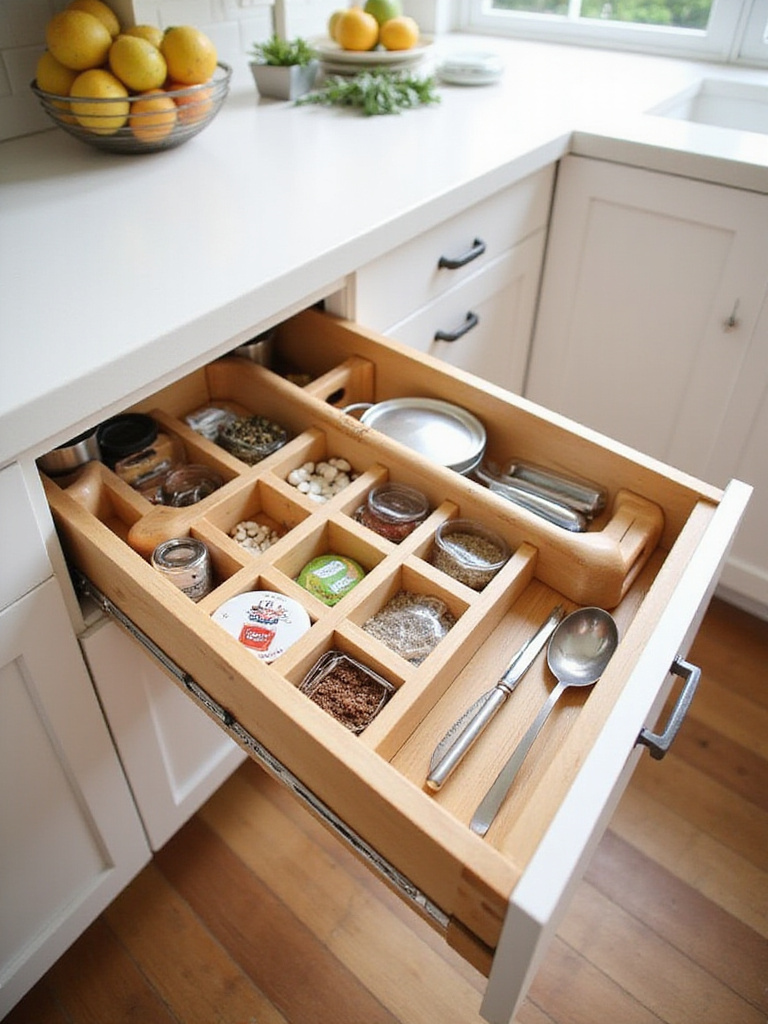 Well-organized kitchen drawer with various drawer organizers holding utensils, spices, and cookware.