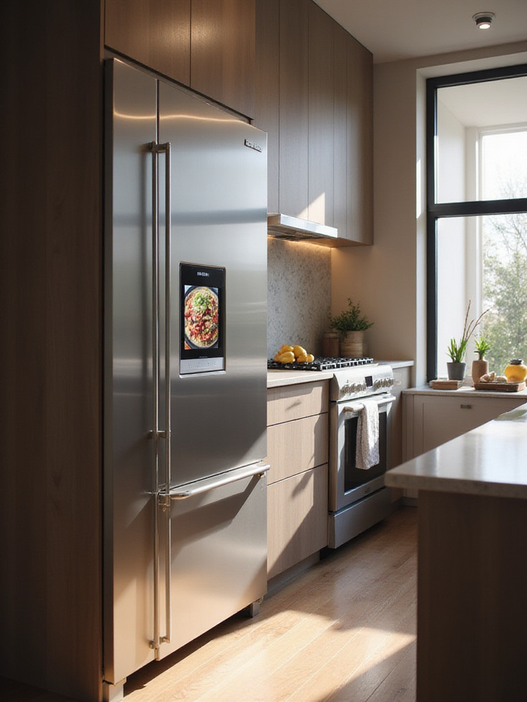 Modern kitchen featuring smart refrigerator and oven with touchscreens and built-in cameras.