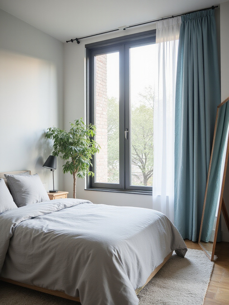 Small apartment bedroom with a full-length mirror creating the illusion of more space and light.