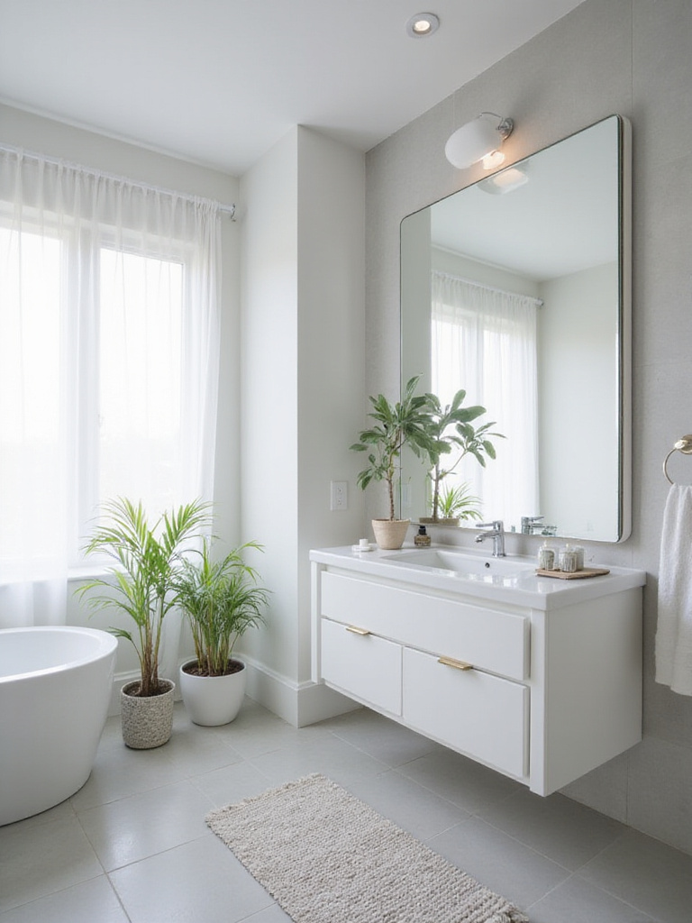 Bathroom with large frameless mirror reflecting natural light, creating a spacious feel.