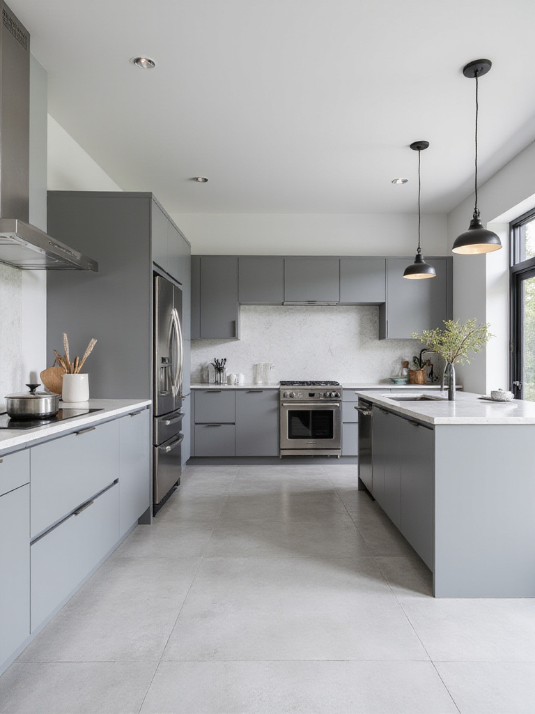 Modern minimalist kitchen featuring sleek gray and white cabinets, clean lines, and stainless steel appliances.