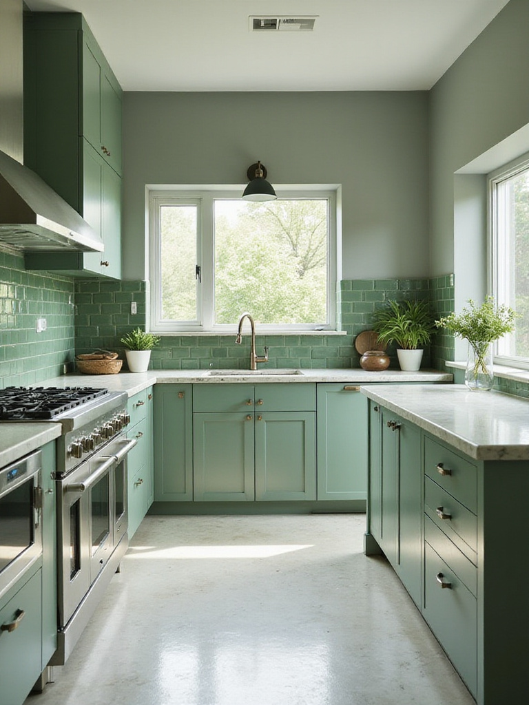 Monochromatic green kitchen with sage cabinets and forest green accents.