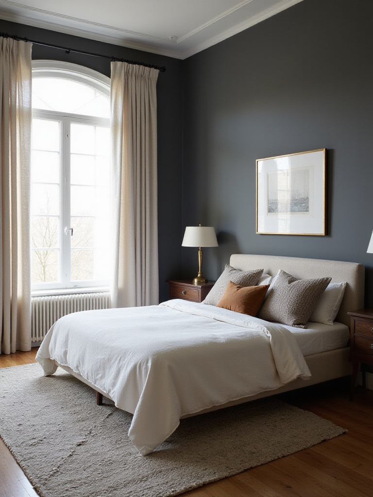 Moody charcoal gray bedroom with white bedding and natural light