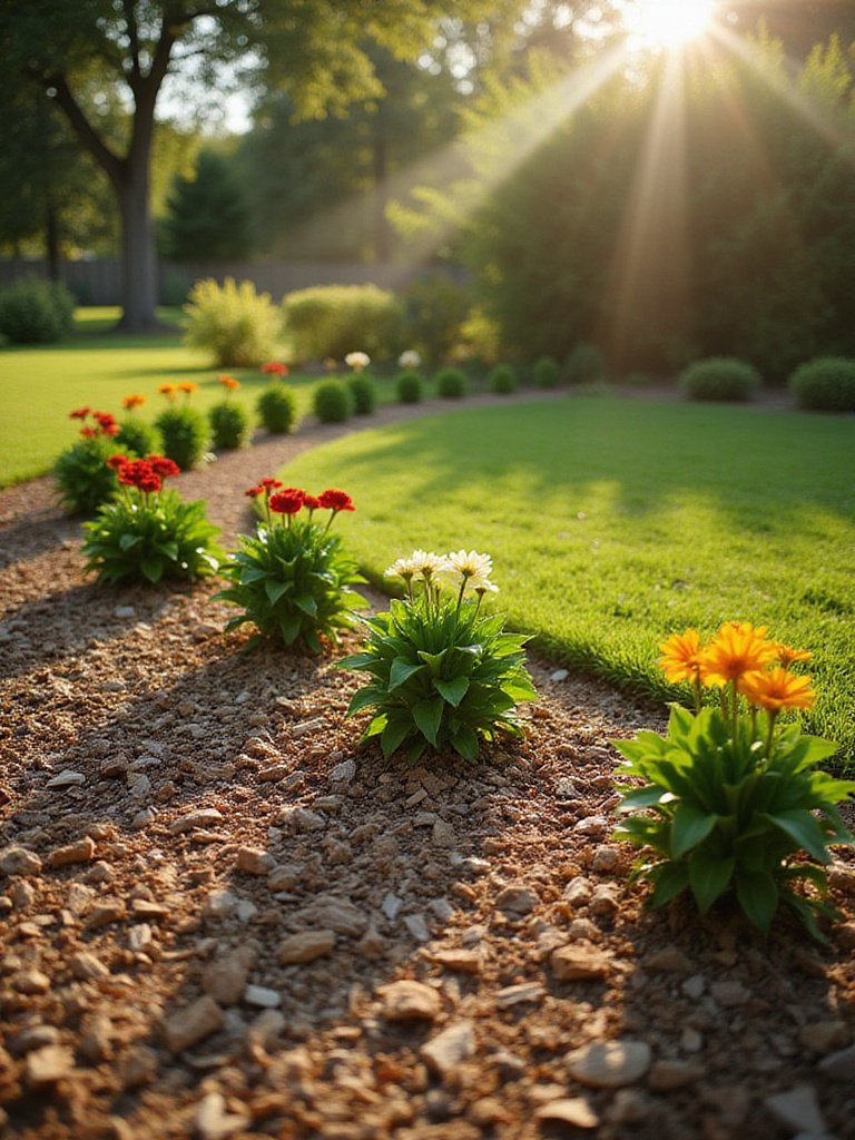 Garden bed with healthy plants and wood chip mulch for weed control and moisture retention