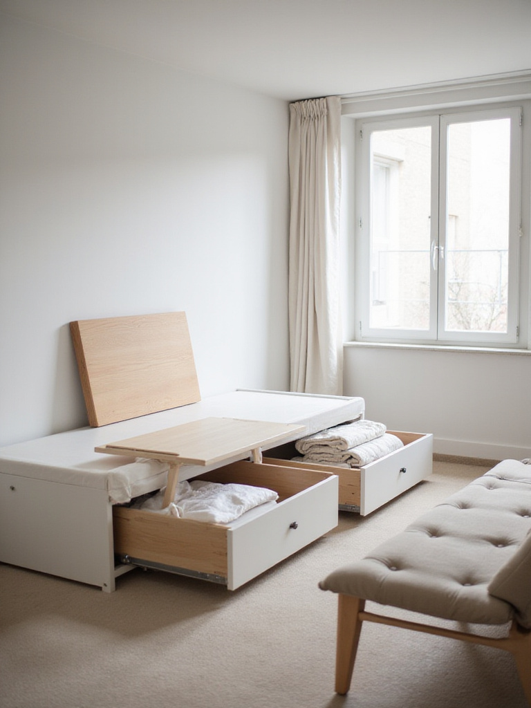 Apartment bedroom featuring a storage bed, fold-down desk, and storage bench to maximize space and functionality.
