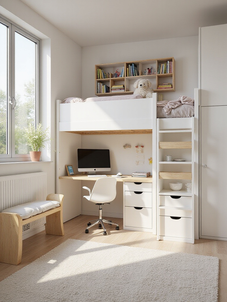 A bright child's bedroom showcasing multi-functional furniture, including a white loft bed with a desk underneath, a storage bench, and modular wall shelving.