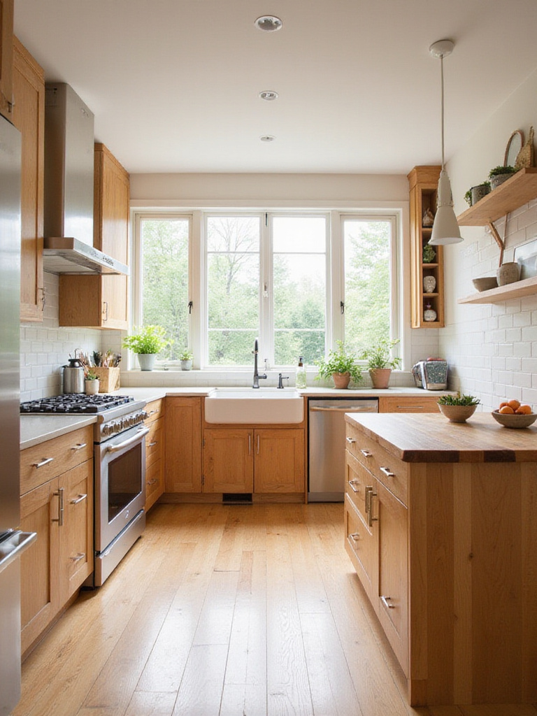 Kitchen featuring natural oak wood cabinetry and reclaimed wood butcher block countertop, creating a warm and inviting space.